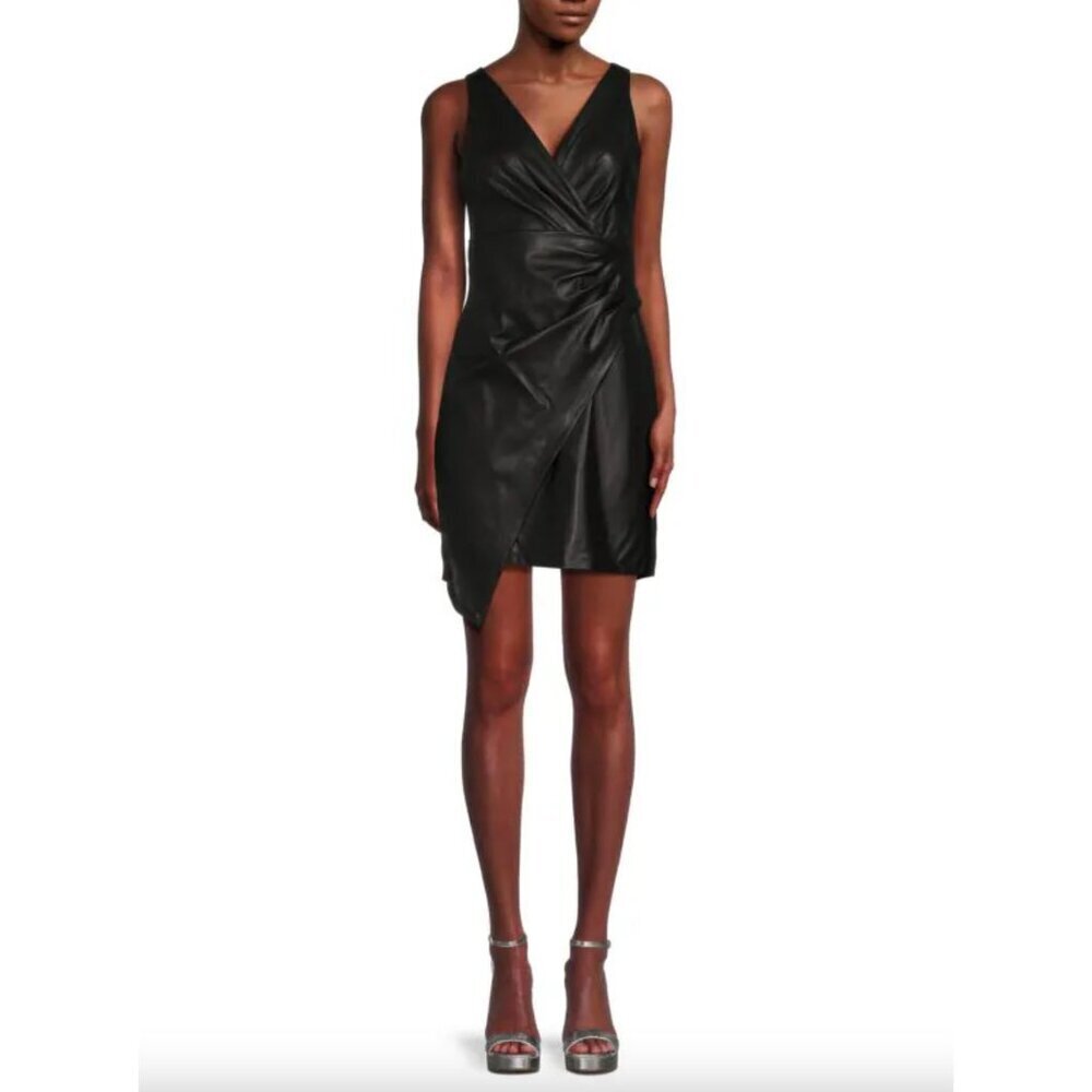 NWT Guess Black Faux Leather Asymmetrical Drape Sleeveless Cocktail Mini Dress